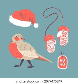 Christmas, New Year illustrations set. Mittens, Santa hat, robin