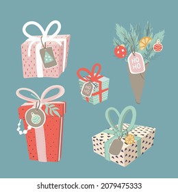 Christmas, New Year illustrations set of gifts