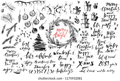 Christmas and new year ink hand lettering, design elements and numbers. Ink drawings, christmas tree, present box, snowflakes, wreath, balls, branches. For festive backgrounds, cards, invitations.