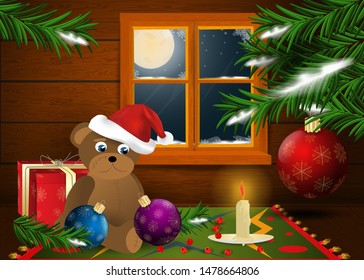 Christmas and new year interior in a wooden room with a window and a view of the moonlit night with fir branches, toys vector EPS 10