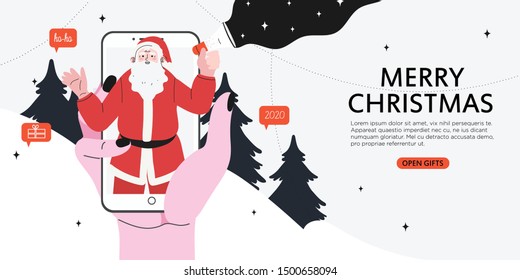 Christmas or new year internet advertisement. Hand holding smartphone with santa claus shouting in loud speaker. Influencer marketing, social media, network promotion, SMM banner, landing page, flyer.
