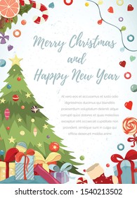 Christmas and New Year invitation card. Vector greeting card with Christmas tree with presents, star, garland, bag etc. Bright hand-drawing elements for festive advertising.