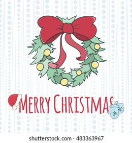 Christmas and New Year invitation card. Hand drawn vector illustration of wreath on light background Winter holiday collection