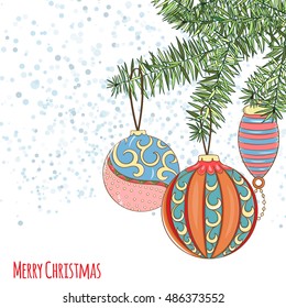 Christmas and New Year invitation card. Hand drawn vector illustration of balls on light background. Winter holiday collection