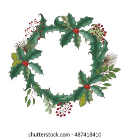Christmas and New Year invitation card. Hand drawn vector illustration of wreath on light background. Winter holiday collection