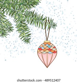 Christmas and New Year invitation card. Hand drawn vector illustration of ball on light background. Winter holiday collection