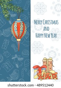 Christmas and New Year invitation card. Hand drawn vector illustration of ball on light background. Winter holiday collection