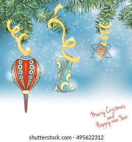 Christmas and New Year invitation card. Hand drawn vector illustration of ball on light background. Winter holiday collection