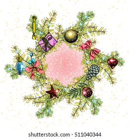 Christmas and New Year invitation with place for text. Holiday wreath of needle fir tree with light garland, red balls, toys and box gift. On sparkle snowflakes background. Vector.