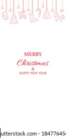 Christmas and New year invitation with stylized hanging deer, hors, tree, heart, mitten, candy, star, sock, star, wreath, bell, house. Vector transparent red illustration on white background.