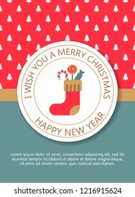 Christmas, New Year invitation. Vintage card with knitted sock. Merry Christmas typography and elements for holidays with greeting card template and pattern. Vector brochure in flat style. 