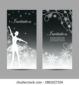 Christmas and New Year invitations with tender ballerina holding a snow cover.