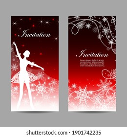 Christmas and New Year invitations with tender ballerina holding a snow cover.