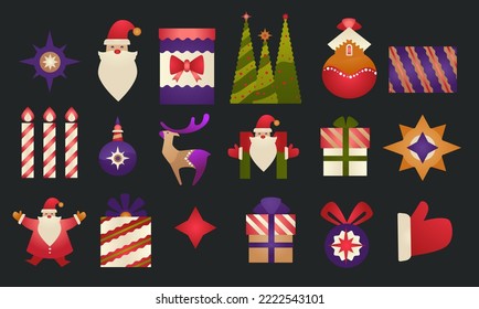 Christmas and new year isolated icons. Santa Claus character and pine tree with baubles, glowing star and presents, gift boxes and ball with star. Deer and pattern prints. Vector in flat style