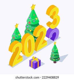 Christmas. New Year. Isometric. 2023 comes on top of 2022, with a Christmas tree and presents all around