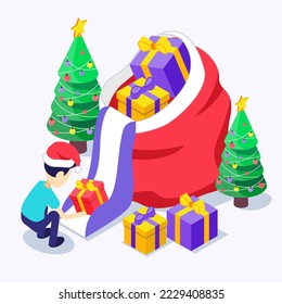 Christmas. New Year. Isometric. A boy in a Santa hat takes presents out of a bag