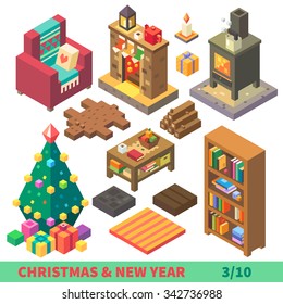 Christmas and New Year Isometric Set: cozy and comfortable interior isolated stuff: bearskin, armchair with pillow, fireplace, bookshelf, coffee table. Flat vector illustration set. 