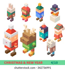 Christmas and New Year Isometric Set:  different characters and items  : Santa, rabbit, boy, girl, snowman, deer, penguin, Santa's elf, polar bear. Flat vector illustration set. 