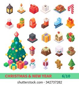 Christmas and New Year Isometric Set: isolated items: Xmas tree, lantern, candle, tea pot, xmas turkey, mittens, skates, bell, hat, present, gingerbread, fireworks, snowman. Flat vector illustration. 