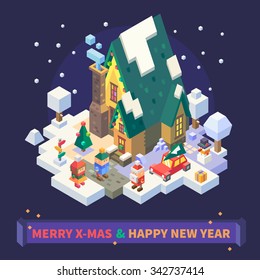 Christmas and New Year Isometric Set: Cute xmas house covered with snow, boy and girl playing outside, car with fir on its roof. snowed trees. Flat Vector Isometric set. 