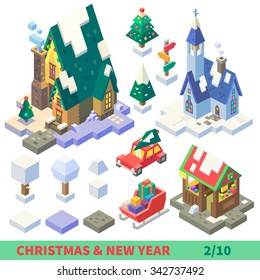 Christmas and New Year Isometric Set: outdoor tiles, items and buildings: ice, snow, ground tiles, chapel, car, Santa's sledge, colorful pointer. Flat vector illustration set. 