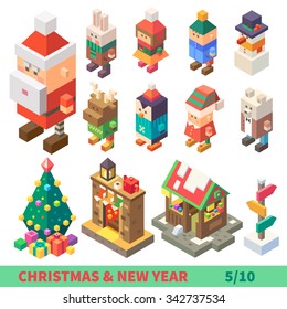 Christmas and New Year Isometric Set:  different characters and items  : Santa, rabbit, boy, girl, snowman, deer, penguin, Santa's elf, polar bear, fireplace, pointer. Flat Vector illustration set. 