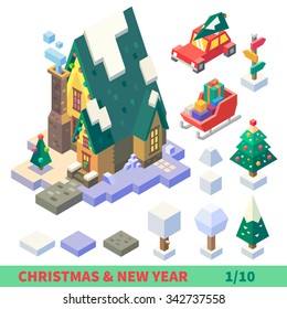 Christmas And New Year Isometric Set: Outdoor Tiles, Items And Buildings: Ice, Snow, Ground Tiles, Chapel, Car, Santa's Sledge, Colorful Pointer. Flat Vector Illustration Set. 