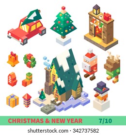 Christmas and New Year Isometric Set: isolated item and characters: Santa, snowman, deer, xmas tree, fireplace carol bell, mittens, fireworks, presents. Flat vector illustration set.