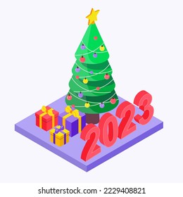 Christmas. New Year. Isometric. Christmas tree with gifts and inscription 2023