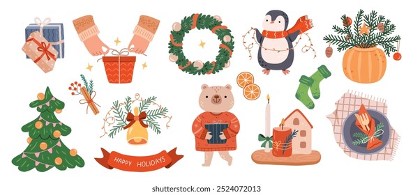 Christmas and New Year items and cartoon characters. Vector gift boxes and socks, xmas tree and door wreath, cinnamon and orange rings, penguin and bear, candles and pine needles in pot for decoration