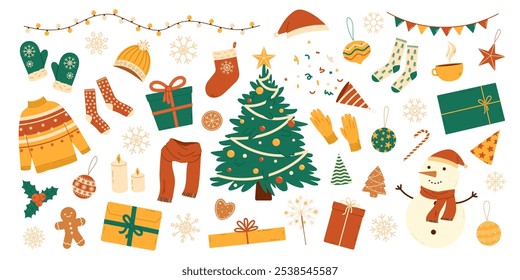 Christmas and New Year items set. Set of traditional winter elements and decorations. Christmas tree, snowman, gifts and clothes. Flat vector isolated illustration