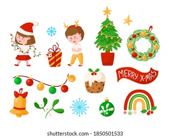 Christmas and New Year kids clipart - cartoon boy and girl, Christmas wreath and Tree, golden bell, festive decorations, mistletoe, rainbow, gift box, garland, sweet cake - vector isolated images set