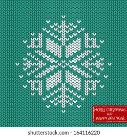 Christmas and New Year knitted card with snowflake and greeting label