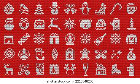 Christmas and New Year knitted elements set on a red background.