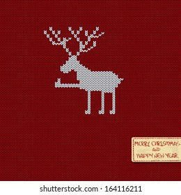 Christmas and New Year knitted pattern card with funny deer