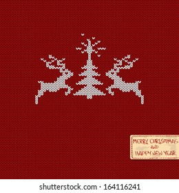 Christmas and New Year knitted pattern card with deers and tree