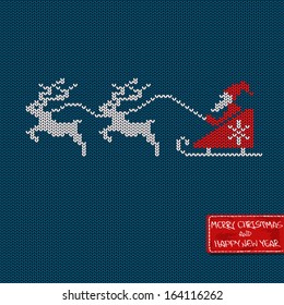 Christmas and New Year knitted pattern card with Santa in sleigh, deers and greeting tag