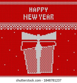 Christmas And New Year Knitted Pattern Background. Christmas Card Template, New Year Party Flyer, Christmas Home Decor. Warn Knitted Christmas Sweater Texture