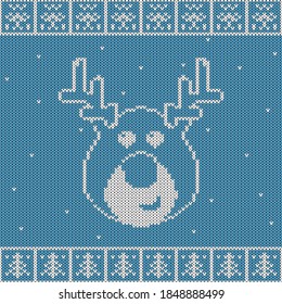 Christmas And New Year Knitted Pattern Background. Christmas Card Template, New Year Party Flyer, Christmas Home Decor. Warn Knitted Christmas Sweater Texture