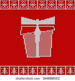 Christmas And New Year Knitted Pattern Background. Christmas Card Template, New Year Party Flyer, Christmas Home Decor. Warn Knitted Christmas Sweater Texture