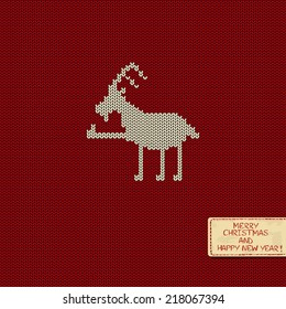 Christmas and New Year knitted pattern card with funny goat