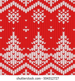 Christmas. New Year. Knitted pattern. Christmas tree with snow on the red background