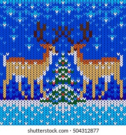 Christmas. New Year. Knitted pattern. Deer around the Christmas tree