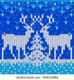 Christmas. New Year. Knitted pattern. Deer in the snow around the Christmas tree