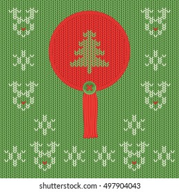 Christmas and New Year knitted round label with pine tree. Snowflake and deer greeting card.