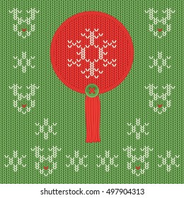 Christmas and New Year knitted round label. Snowflake and deer greeting card.