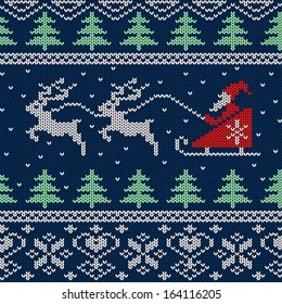 Christmas and New Year knitted seamless pattern or card with Santa in sleigh and deers