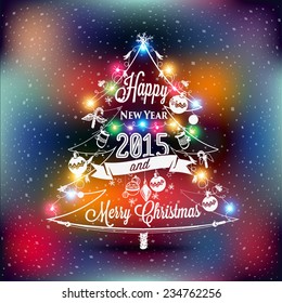 Christmas and New year label with colored lights on Christmas tree, decoration of calligraphic design with typographic labels, symbols of the year. Hand drawn authors work. 