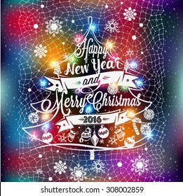 Christmas and New year label with colored lights on a Christmas tree, decoration of calligraphic design with typographic labels, symbols and icons elements for you. Hand drawn authors work.RGB profile