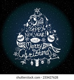 Christmas and New year label the effect of chalk, decoration of calligraphic design with typographic labels, symbols of the year and icons elements for you. Hand drawn authors work. 